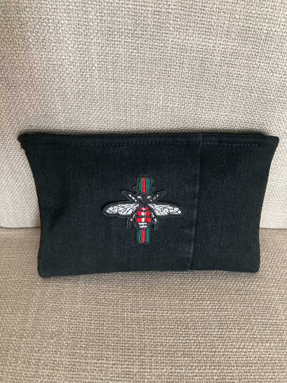 Black Embroidered Bee Clutch with Red and Green Stripe